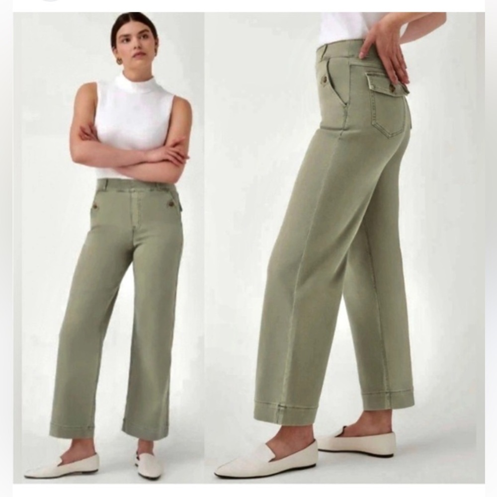 Spanx Women's Stretch Twill Cropped Wide Leg Pants 20312Q in Green S